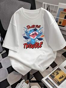Fun Blue Creature Figure Showing Energy And Rebellion With Paint And The Phrase "Built For Trouble" Symbolizing A Free And Cheerful Attitude. Comfortable Casual Women's T-Shirt For Everyday Wear - 白色 - 查看 2