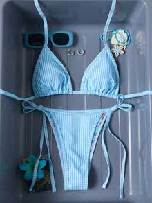 Conjunto de bikini de 2 piezas con estampado floral diminuto y escote halter para vacaciones y playa - Azul - Ver 5
