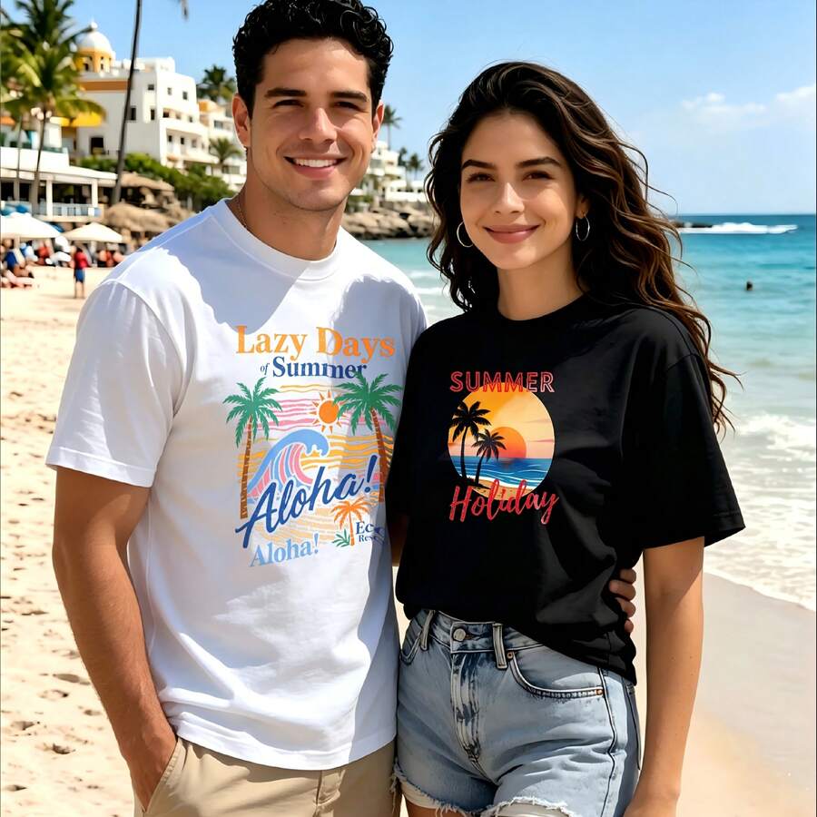 2-Piece Couple Matching Pattern T-Shirt, 100% Cotton, Loose Fit, Soft And Breathable, Casual Round Neck Short Sleeved Top Lazy Days Summer Aloha Summer Holiday Sunset Palm Versatile Patterns No Picky Combinations Coordinated Dating Casual Travel Simple And Cartoonish Printing Styles High - 白色 - 查看 1