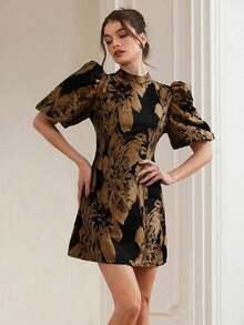 Aveloria Revavyn Vestido corto minimalista de manga corta con cintura ceñida, estampado todo sobre, de estilo bohemio y de vacaciones, con base negra y contraste de color burdeos, manga abullonada y estilo jacquard, para verano, primavera, otoño - Verde - Ver 10