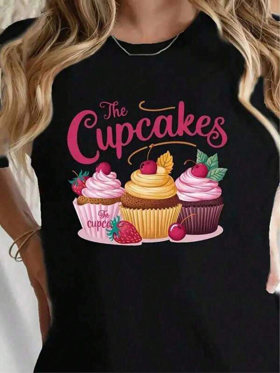 1 Women's Black Cupcake Print T-Shirt - Cute Cherry And Strawberry Dessert Design With "The Cupcakes" Lettering, Lightweight 180gsm Crew Neck Casual Top For Birthdays, Valentine's Day, Mother's Day, 4th Of July, And Thanksgiving - Suitable For All Seasons, Great For Parties - 黑色 - 查看 1