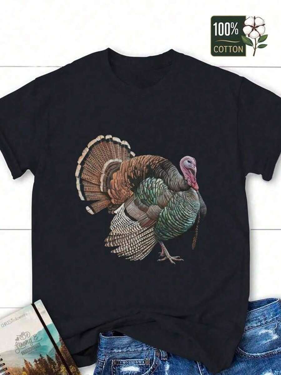 Camiseta de Talla Grande para Mujer - Cuello Redondo Suave y Transpirable 100% Algodón - Estampado Realista de Pavo en Marrón, Conjunto de Otoño para Acción de Gracias - Ropa Casual y Festiva - Lavable a Máquina, Camiseta con Ilustración Detallada