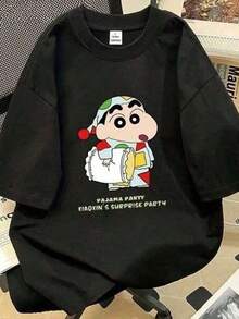 Camiseta de manga corta de la marca americana de ropa urbana "SimpieAndVersatileDesign" con estampado de dibujos animados de , para hombre y mujer, holgada, de algodn puro para verano. - Negro - Ver 2