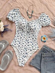 Body con estampado floral de hombros descubiertos ribete fruncido con nudo delantero pecho con fruncido - Azul 2 - Ver 7