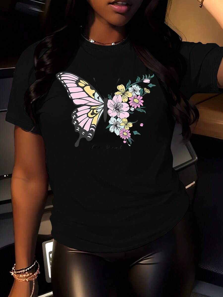 Talla - Camiseta de cuello redondo para mujer - Suave camiseta de uso diario con gráfico elegante de mariposas y flores - Camisa casual para todas las estaciones para mujer - Atuendos diarios y formales, ropa versátil, diseño femenino, ajuste cómodo, parte superior impresa, amantes de - Negro - Ver 1