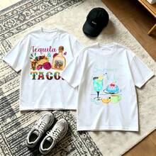 2-Piece Couple Matching Pattern T-Shirt, 100% Cotton, Loose Fit, Soft And Breathable, Casual Round Neck Short Sleeved Top Tiger Graphic Design With Text And Logo Versatile Patterns No Picky Combinations Coordinated Dating Casual Travel Simple And Cartoonish Printing Styles High Cost-Effectiveness - White - View 1