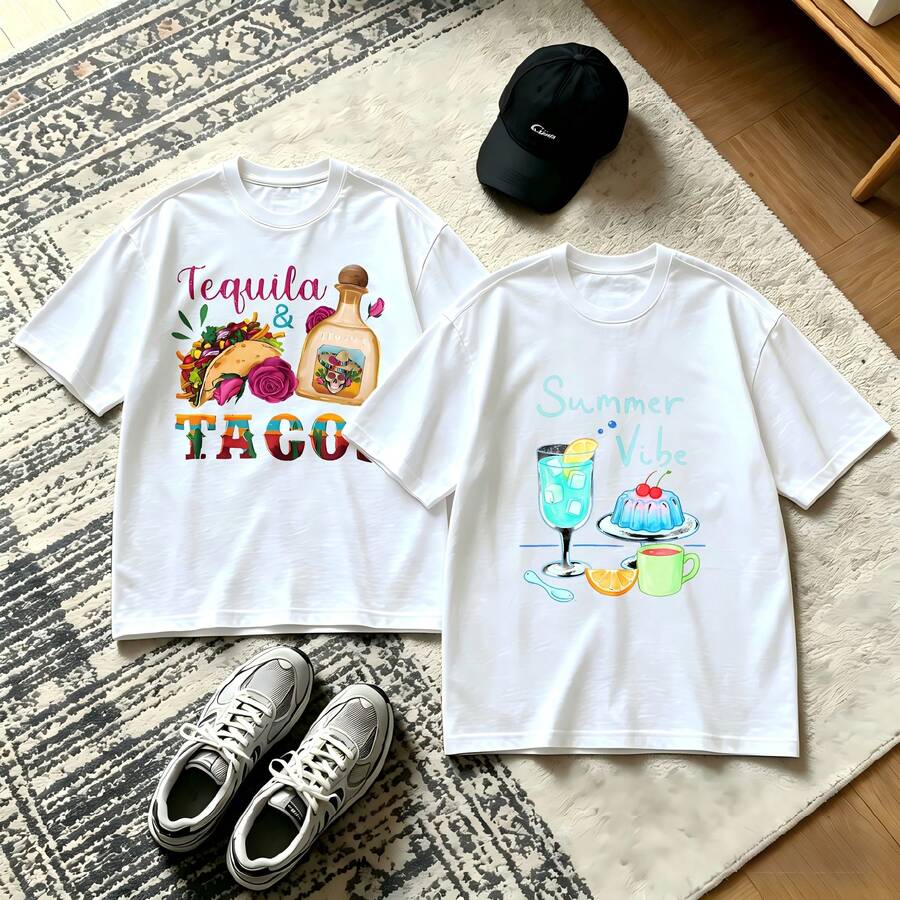 2-Piece Couple Matching Pattern T-Shirt, 100% Cotton, Loose Fit, Soft And Breathable, Casual Round Neck Short Sleeved Top Tiger Graphic Design With Text And Logo Versatile Patterns No Picky Combinations Coordinated Dating Casual Travel Simple And Cartoonish Printing Styles High Cost-Effectiveness - White - View 1