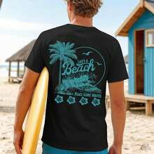 Camisetas Gráficas para Hombre con Estampado de Flor de Hibisco y Palmera, Camisetas de Playa, Camiseta Casual de Algodón de Talla Grande, Top de Verano 7F15 - Negro - Ver 3