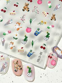 Bộ sticker dán móng tay 5D Y2K Kawaii hình mèo, gấu, anh đào và hoa, họa tiết động vật/trái cây dập nổi, tự dính, thích hợp cho mùa xuân hè. - Nhiều màu - Xem 9