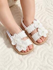 Toddler Girls' Summer Outdoor Non-Slip Flat Sandals With 3D Flower Decor - White - View 3