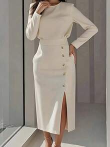 Long, Plain Party Dress, Spring 2026, Fitted With An Elegant Slit - White - View 4