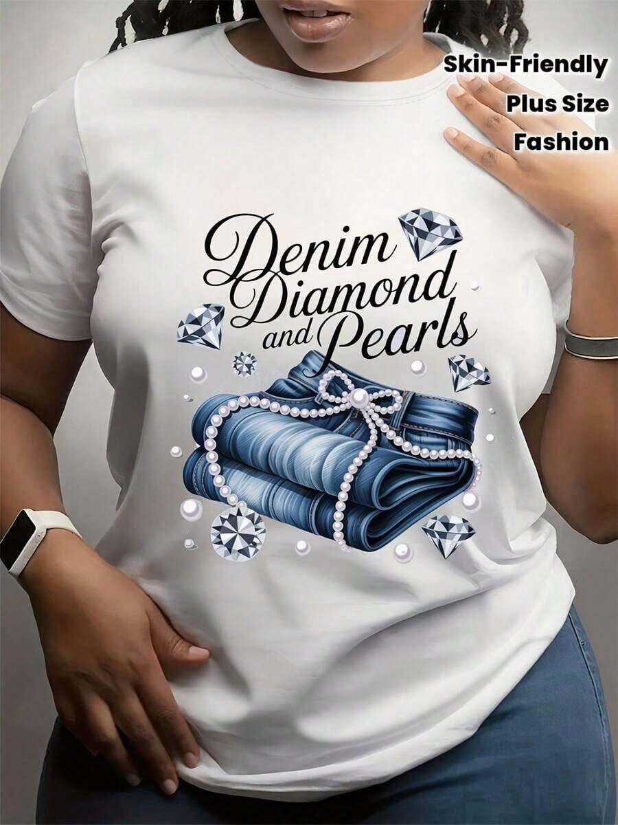 1 Piece, Women's Denim T-Shirt With Diamond And Pearl Print, Elegant, Lightweight, Workplace, Soft To The Touch, Fashionable, Four Seasons, Short Sleeve, 180g, 100% Cotton. - 白色 - 查看 1