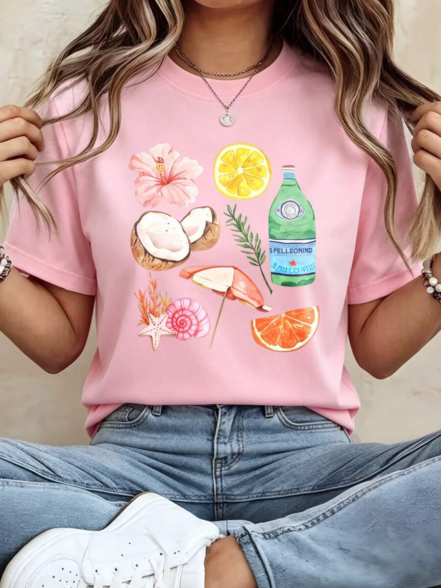 Camiseta de mujer de manga corta, estampado de vacaciones tropicales, diseño con hibisco, limón, coco, concha y botella de bebida, prenda en color rosa claro, cuello redondo casual - PALO DE ROSA - Ver 1