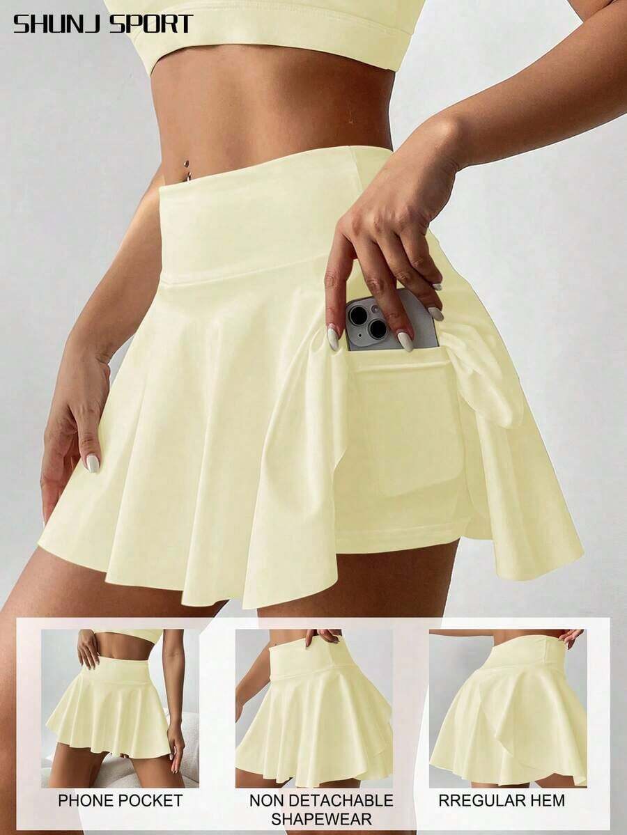 Pantalón falda de tenis de cintura alta blanco, pantalón corto/falda 2 en 1 antideslumbrante para golf/bádminton/fitness con bolsillos, falda pantalón deportiva de verano para yoga, correr al aire libre, nueva ropa de mujer en negro - Amarillo mantequilla - Ver 1