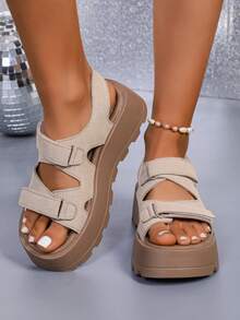 Women's Summer Thick Sole Open Toe Beige Sandals With Adjustable Hook And Loop Strap, Casual Outdoor Beach Shoes, Daily Commute Versatile Height-Increasing Slimming Platform Shoes - Beige - View 9
