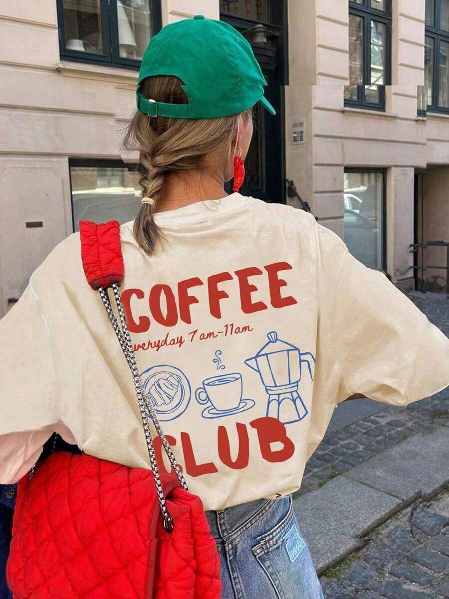 Short-Sleeved T-Shirt With Round Neck, Coffee And English Print, Casual And Versatile, Suitable For Everyday Wear In Summer - 白色 - 查看 1