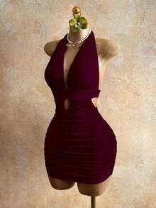 Vestido ajustado de mujer con escote halter y espalda descubierta, de moda y sexy, para verano - Burdeos - Ver 5