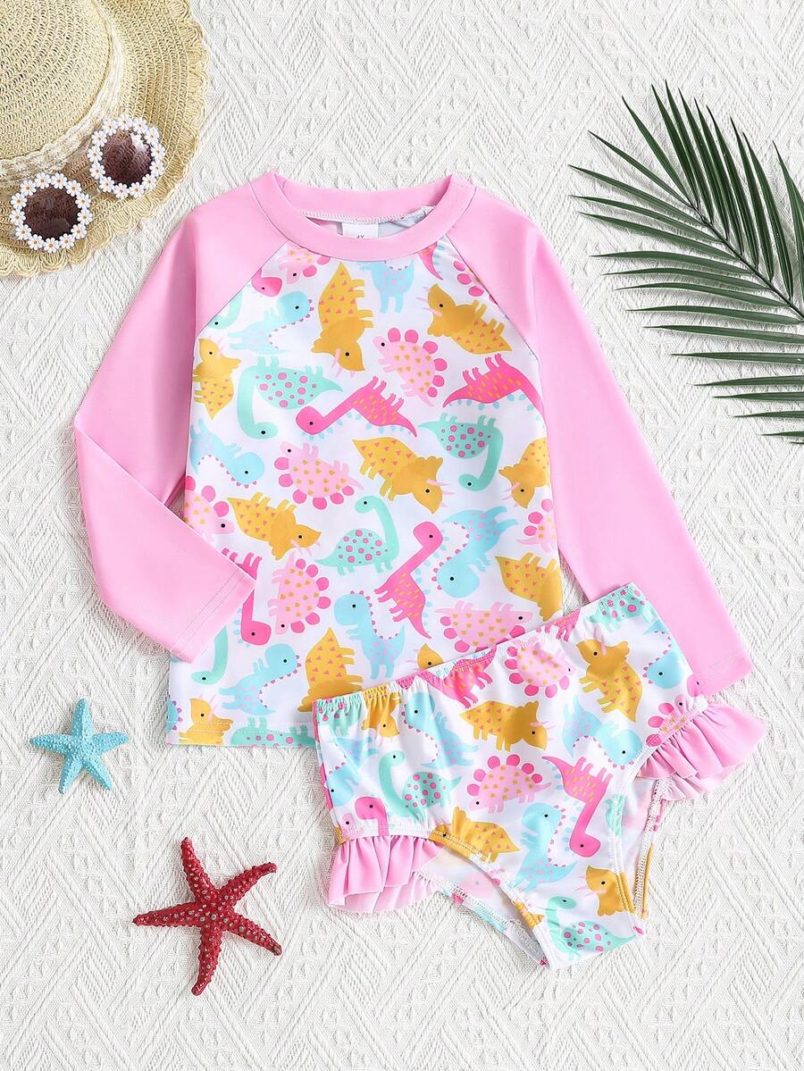Conjunto de camiseta de protección solar y bikini con volantes para niñas, camiseta de manga larga con estampado de dinosaurio de colores pastel, Bottom de natación con volantes, adecuado para la playa, la piscina y las actividades acuáticas diarias - Rosa - Ver 1