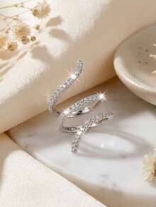 1pc Coiled Snake Design Cubic Zirconia Copper Adjustable Open Ring - White - View 2