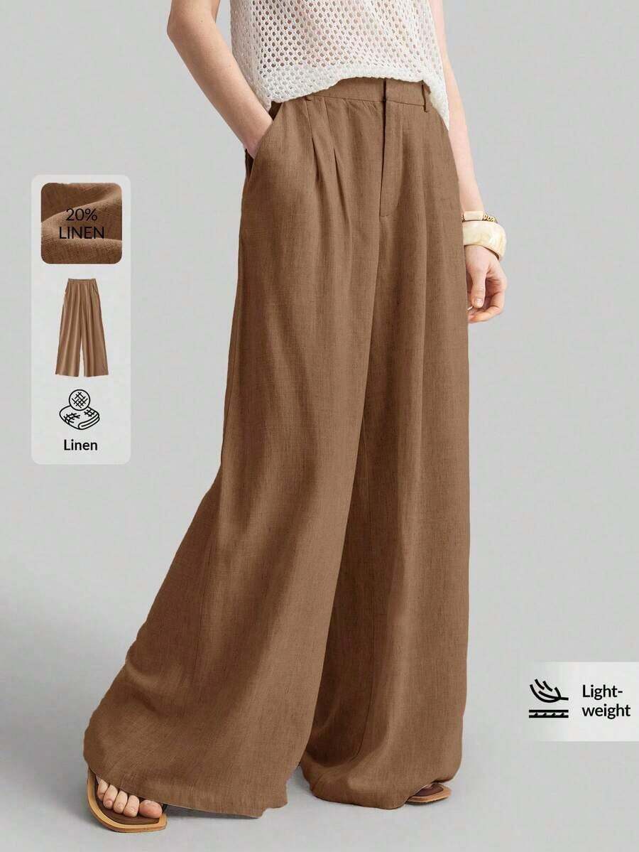 Ontre 2026SS New Women's Wide Leg Trousers, Casual Loose Pants With Pleated Waist, Suitable For Bohemian Style, Ibiza, Holidays, Festivals, Wedding Guests, Office, Teachers, Back To School, With Pockets, Relaxed Fit, Stylish Urban Chic Style, Versatile Women's Trousers For Spring/Summer - 棕色 - 查看 1