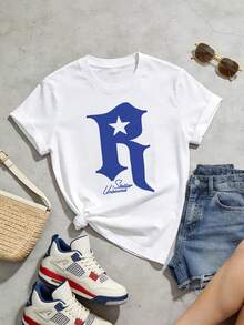 Women's Summer Casual Soft Round Neck Short Sleeve T-Shirt,The Star Letter R Print Graphic Is Suitable For Daily Wear In Spring And Summer.White - White - View 5