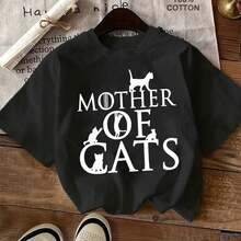 Women's Casual Short Sleeve T-Shirt - "Mother Of Cats" Print With Feline Silhouettes, White With Black Letters, Machine Washable Top For Spring/Summer - 黑色 - 查看 1