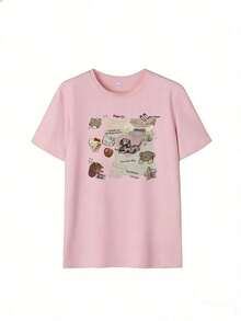 Cute Character Collage T-Shirt With Scrapbook Elements,  Short-Sleeve T-Shirt For Spring/Summer 2026, Made In Mexico, 180 Grams. Cartoon Print, Couple Design, Suitable For Indoor Or Outdoor Wear. Crew Neck, Unisex, Ideal For Office And Leisure. One-Pack. - PK-P631577SLNDXZGY506 - 查看 3