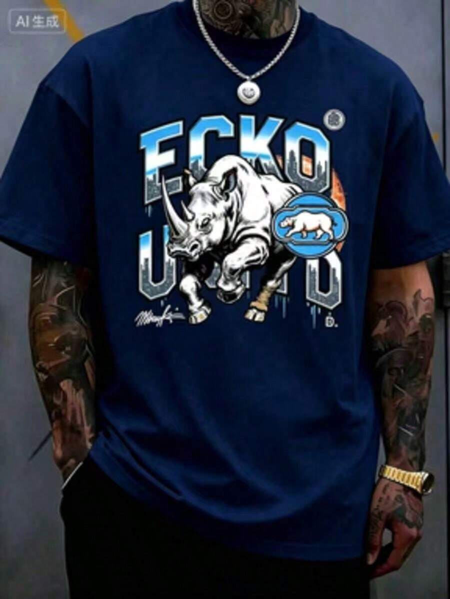 The Iconic ECKO Unltd Graphic Features A Bold Rhino Emblem With Urban Camouflage Lettering Symbolizing Strength Individuality Urban Culture 220g - 藏青色2 - 查看 1