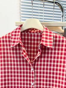 Áo sơ mi nữ dài tay kẻ caro xanh dương, chất liệu polyester, kiểu dáng thường ngày. - Đỏ - Xem 4