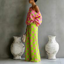 Women's Polka Dot Two-Piece Outfit, One Shoulder Top & High Waist Wide Leg Pants, Bold Color Block Set - Color - View 4
