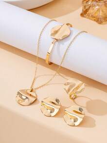 Bộ trang sức nữ đa năng, tối giản, cổ điển gồm 1 bông tai hình học tròn bóng bẩy, 1 dây chuyền, 1 nhẫn và 1 vòng tay. - Vàng - Xem 2