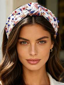 1pc Fashion Rhinestone Beaded Wide Headband, Star Print Knotted Hairband For Party & Costume - Multicolor - View 6