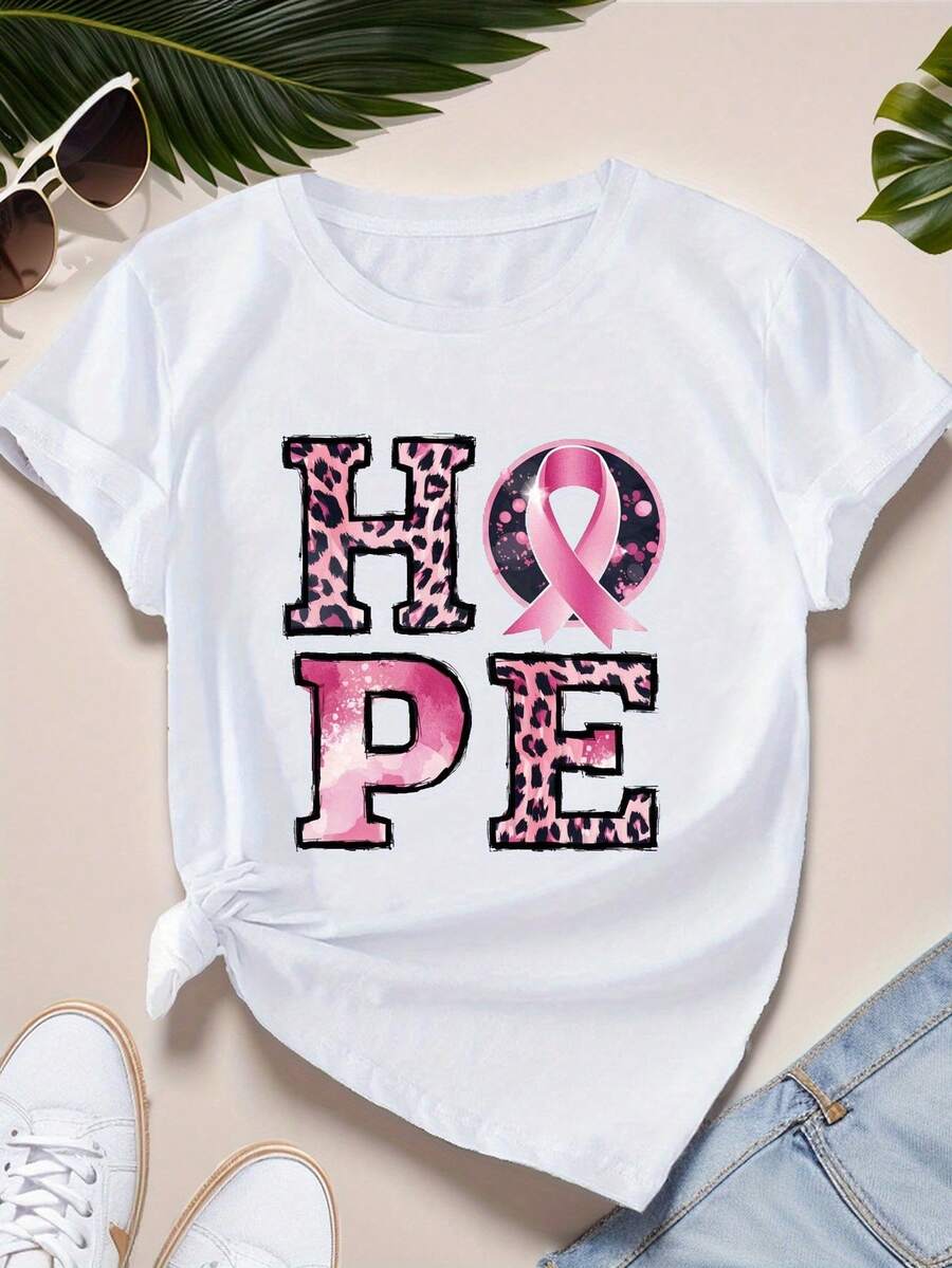 Playeras de Mujer de Algodón Oversize Moda 2026 HOPE Pink Ribbon, Camiseta Cómoda para Mujer, Suave y Sencilla para Uso Diario, Top de Manga Corta - Blanco - Ver 1