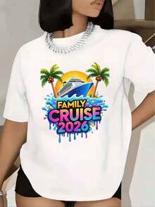 Women's T-Shirt For Family Cruise Vacation 2026 With Palm Tree, Boat, And Sunset Print. Short Sleeves, Round Neck. Summer Outfit For Vacations And Travel. 220 Grams - 白色的 - 查看 1