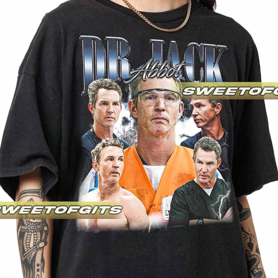 1 Piece, Unisex Dr. Jack T-Shirt With Vintage "Good Doctor" Print, Suitable For Couples, Sizes S-3XL, Unisex, Urban Fashion, Casual Summer Style, Elegant Women's Style, Cotton Crew Neck T-Shirt, For Everyday Wear. | Perfect Holiday Gift | 100% Cotton Fabric | Soft And Comfortable | Crew Neck T-Shirt | - 黑色 - 查看 1