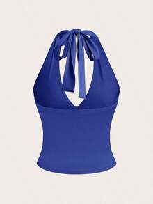 Top de tanque de vacaciones sin espalda de unicolor con cuello en V para mujeres, se puede usar como un collar colgante - azul real 2 - Ver 2