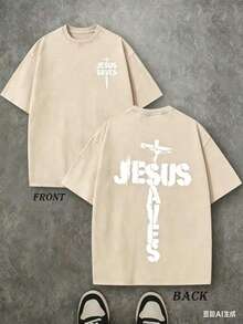 Jesus Graphic Print T-Shirt 'God Has A Plan', Double-Sided Print, Washed T-Shirt, Party Favors, Y2K Graphic Tees For Men, Vintage Washed Style T-Shirts - 杏 1 - 查看 2