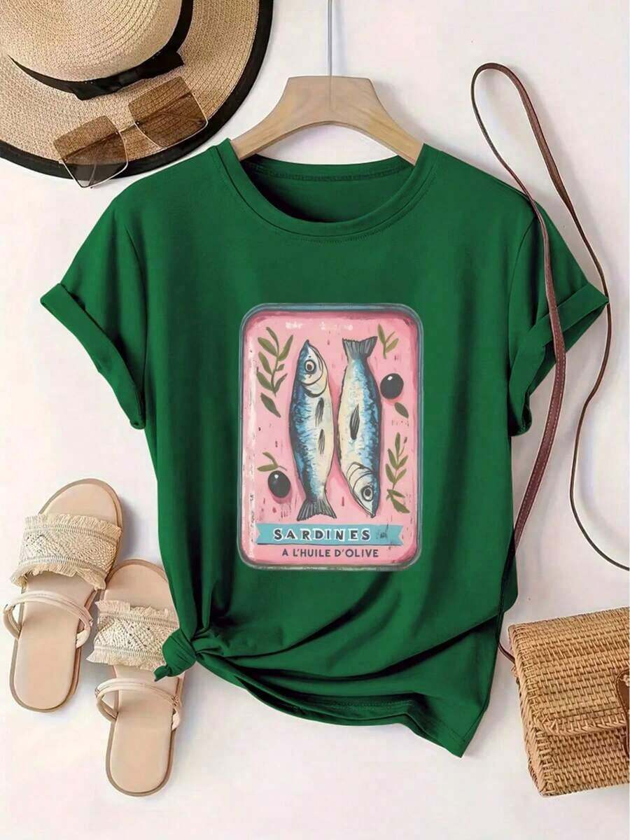 Women's Casual Short-Sleeved Crew Neck T-Shirt With Sardine Print. - Vintage Street Style Unisex Cotton Short Sleeve Crew Neck T-Shirt - 綠色的 - 查看 1