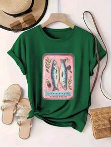 Women's Casual Short-Sleeved Crew Neck T-Shirt With Sardine Print. - Vintage Street Style Unisex Cotton Short Sleeve Crew Neck T-Shirt - 綠色的 - 查看 6
