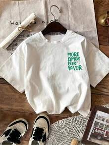 Women's Casual Cotton T-Shirt With A Letter Print Inspired By The Spanish Phrase MORE AMOR POR FAVOR, Meaning Please Give Me More Love, With Heart Embellishments - Soft Knit Fabric.|Crew Neck|Short Sleeves|Slightly Stretchy|All-Season Tops|Fashionable|Quick-Drying|Durable|Machine Washable FNYQ - 黑色 - 查看 10
