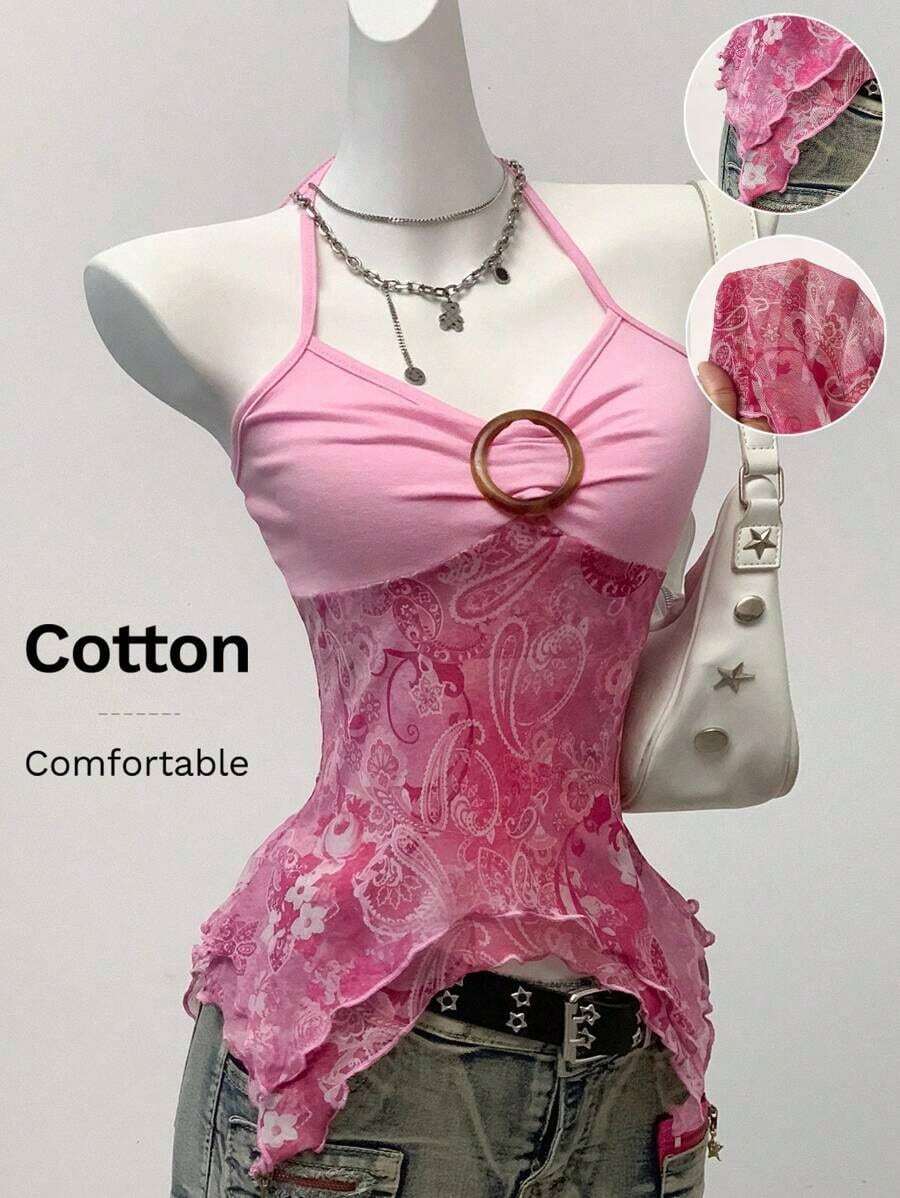 Blusa casual de mujer con cuello de corbata y estampado de anacardo, versátil para uso diario - Rosa - Ver 1