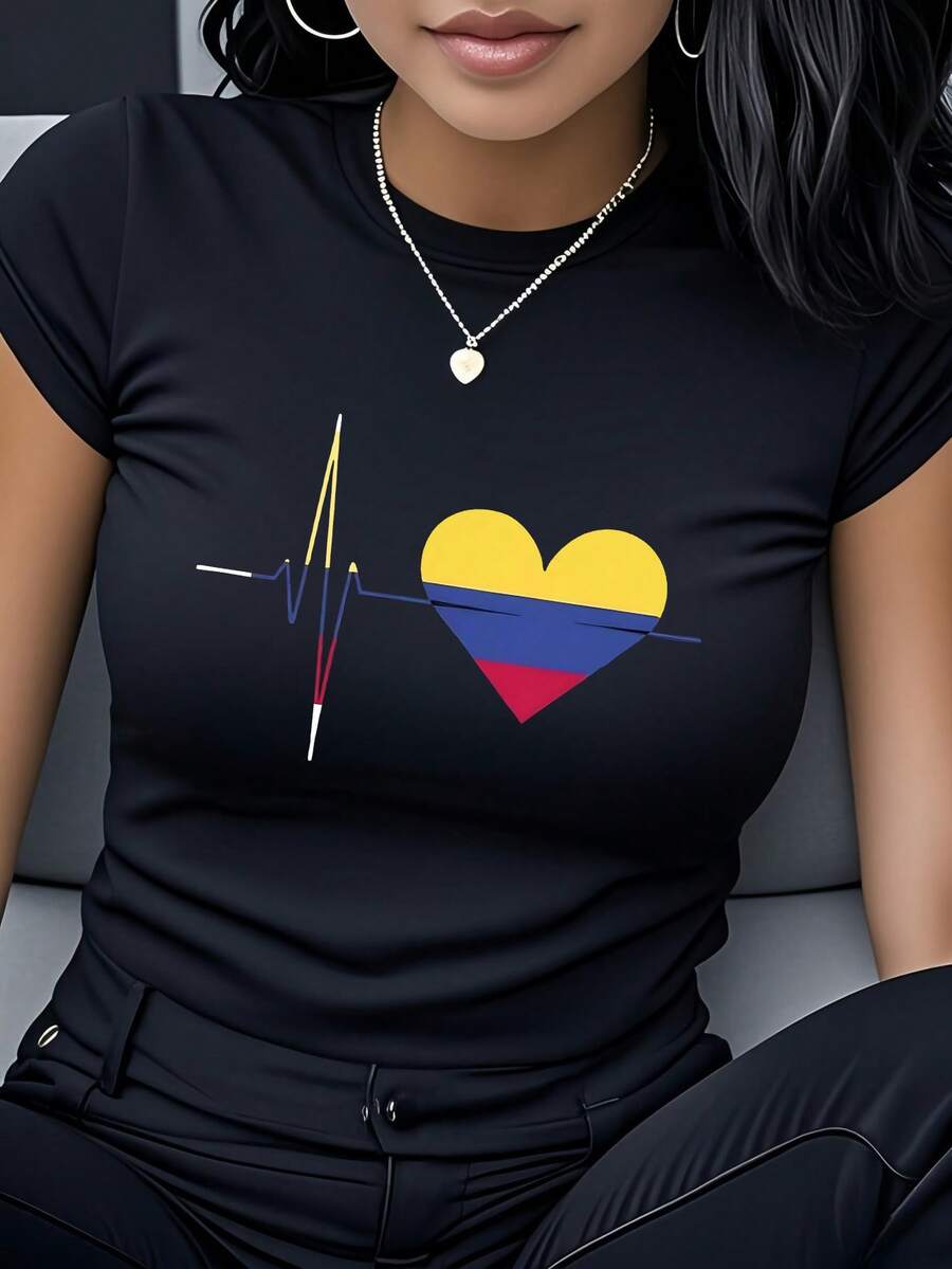 Women's T-Shirt Made Of Pure Cotton, Casual Loose Style, With Colombian Flag Print And Heartbeat Pattern, Short Sleeve And Round Neck Women's Clothing, Unique Patriotic Design, Modern And Fashionable, Versatile And Simple Style, Ideal As A Gift For Anniversaries, Parties And Events, Suitable For Casual Daily Wear, Outdoor Sports, Christmas Celebrations, Showing Love And Support For Colombia. - 黑色 - 查看 1