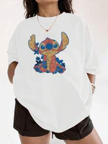Colorful Image Of A Blue Character With Large Ears Surrounded By Tropical Flowers Conveying A Cheerful And Summery Feeling, Ideal For A Relaxed Casual Women's T-Shirt Look - 白色 - 查看 1