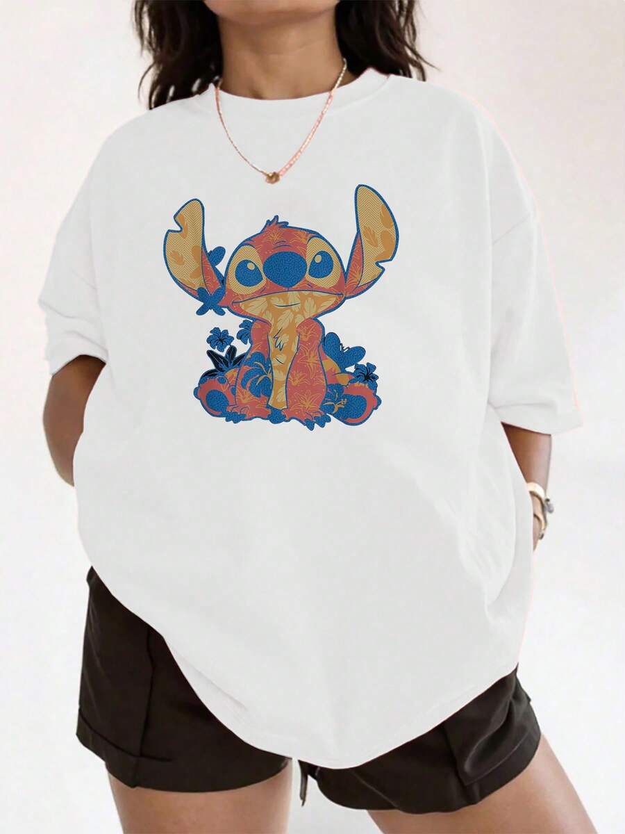 Colorful Image Of A Blue Character With Large Ears Surrounded By Tropical Flowers Conveying A Cheerful And Summery Feeling, Ideal For A Relaxed Casual Women's T-Shirt Look - 白色 - 查看 1