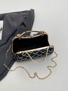 Bolso de mano de estilo retro coreano con patrón geométrico, diseño de cadena de metal, elegante para citas, bodas, versátil como bolso de mano y de hombro - Negro - Ver 3