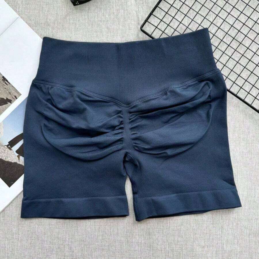 Pantalones cortos de yoga sin costuras de cintura alta para mujer - Levantamiento de glúteos elástico, adecuado para correr, fitness y actividades al aire libre| Apariencia de moda| Tela elástica de verano - Azul marino - Ver 1