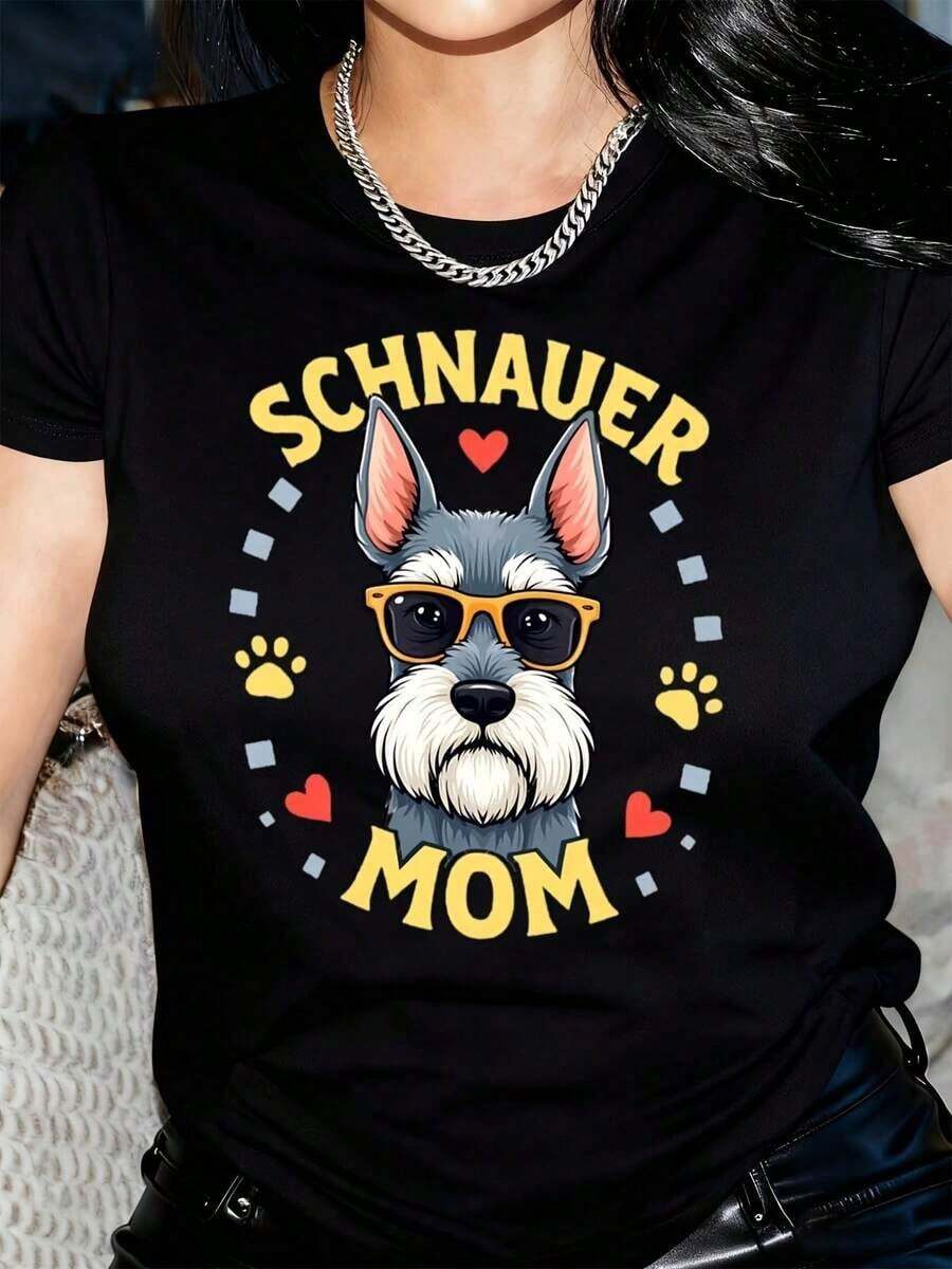 New Arrivals For Summer. Women's Schnauzer Dog Lover T-Shirt - Black With Yellow And White Graphic - Soft Everyday T-Shirt For Pet Owners - Casual T-Shirt For Dog Moms - Perfect Gift For Schnauzer Lovers, Dog T-Shirt, Comfortable Fit, Geometric Pattern Blouse, Breathable Fabric, Shirt > Beautiful. - 黑色 - 查看 1