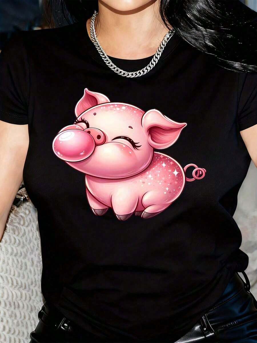 New Arrivals For Summer. Pink Pig Print T-Shirt - Soft, Breathable, Women's Summer T-Shirt, Perfect Gift Idea, All-Season Comfort, Casual Style, Breathable Clothing, Fun Print T-Shirt, Comfortable Fit, Pig Design Blouse, Shirt > Beautiful. - 黑色 - 查看 1