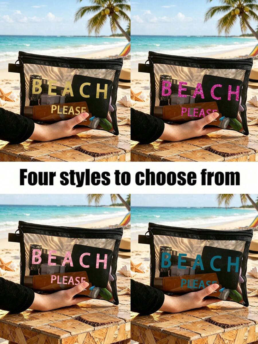 Beach_please 网眼沙滩包,便携式化妆包,可装口红和粉扑,沙滩主题洗漱包,透明大容量旅行化妆品收纳包,夏威夷风网眼化妆包,完美适用于海滩度假、手提包、假日、健身、母亲节、情人节、教师节、女性旅行、短途旅行和旅行必备品。 - 彩色 - 查看 1