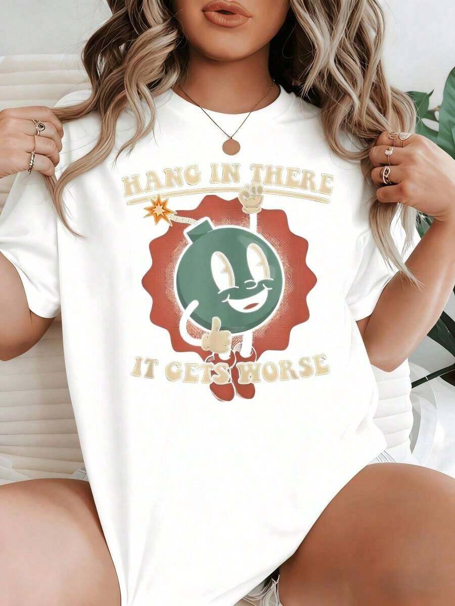 Women's Casual T-Shirt 100% Cotton With Animated Smiling Pump Design And Playful Thumbs Up, Reminding You To Stay Strong Even In Difficult Times - Vintage Urban Style, Unisex, Short Sleeve And Round Neck - 白色 - 查看 1